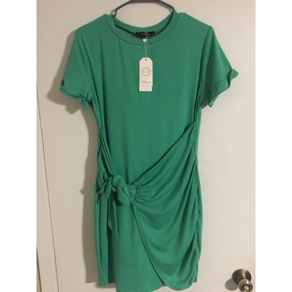 Lillusory Classic Women's T-Shirt Green Dress Stretch Tie Waist, Size Large